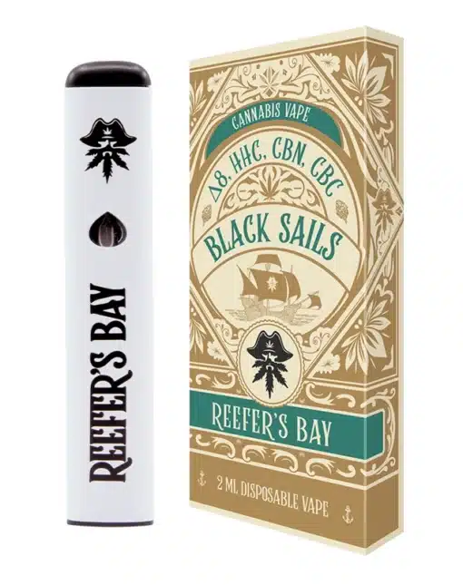 Bay Blend Disposable Vape - Black Sails - 2ml - Black Sails delivers the ultimate relaxation with a euphoric boost.


 	Lab-tested by an accredited 3rd party Lab
 	No MCT, PG, VG, PEG, vitamin E, or other cutting agent
 	95% Delta 8 Dominant Blend: Delta 8, HHC, CBN, CBC + 5% terpenes
 	2ml disposable ceramic core vape