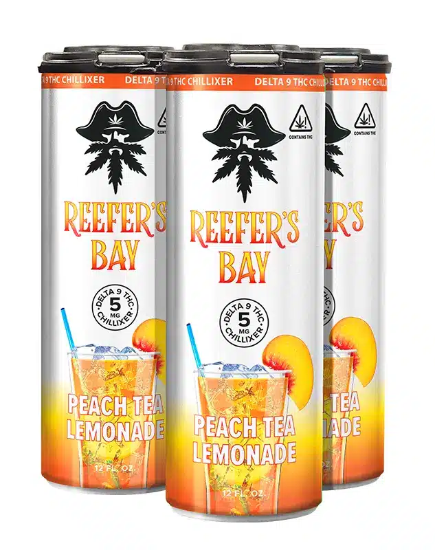 Delta 9 Seltzer 4-Pack - Peach Tea Lemonade - Come chill at Reefer’s Bay with our brand new Delta 9 THC seltzers. With 5mg of Delta 9, a Peach Tea Lemonade is just what you need after finishing yard work or while hanging out in the sun. So, what are you waiting for? Put your feet up and drink your way to Reefer’s Bay.